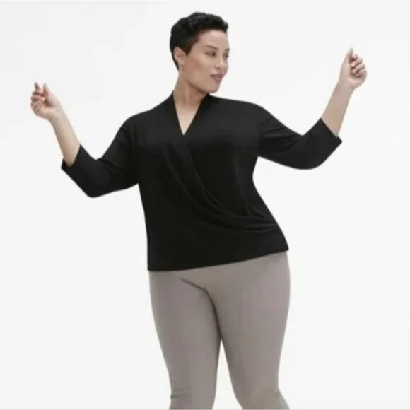 MM Lafleur Deneuve Wrap Top L Black 3/4 Sleeve Blouse Classy Elegant Flowy - Picture 1 of 5